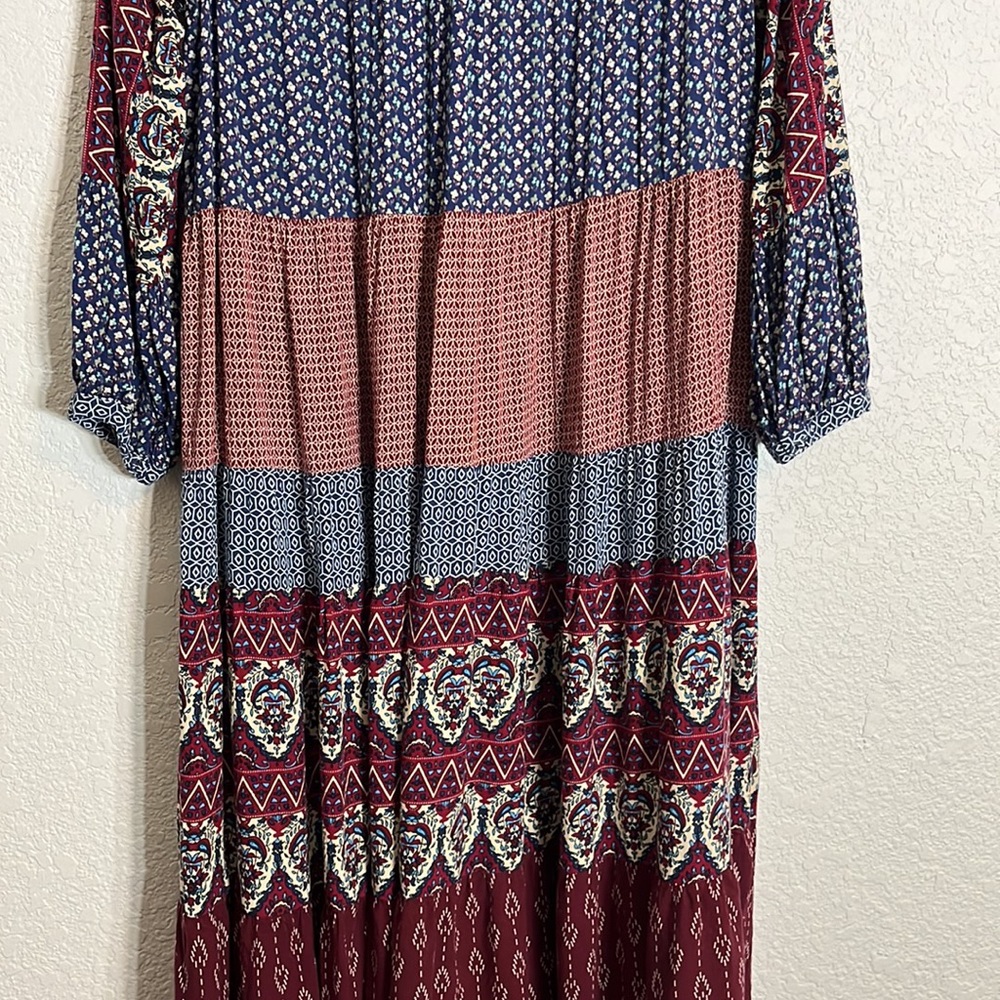 Urban Renewal boho mixed media 3/4 sleeve v-neck tassel tie midi dress Gypsy - Picture 11 of 13